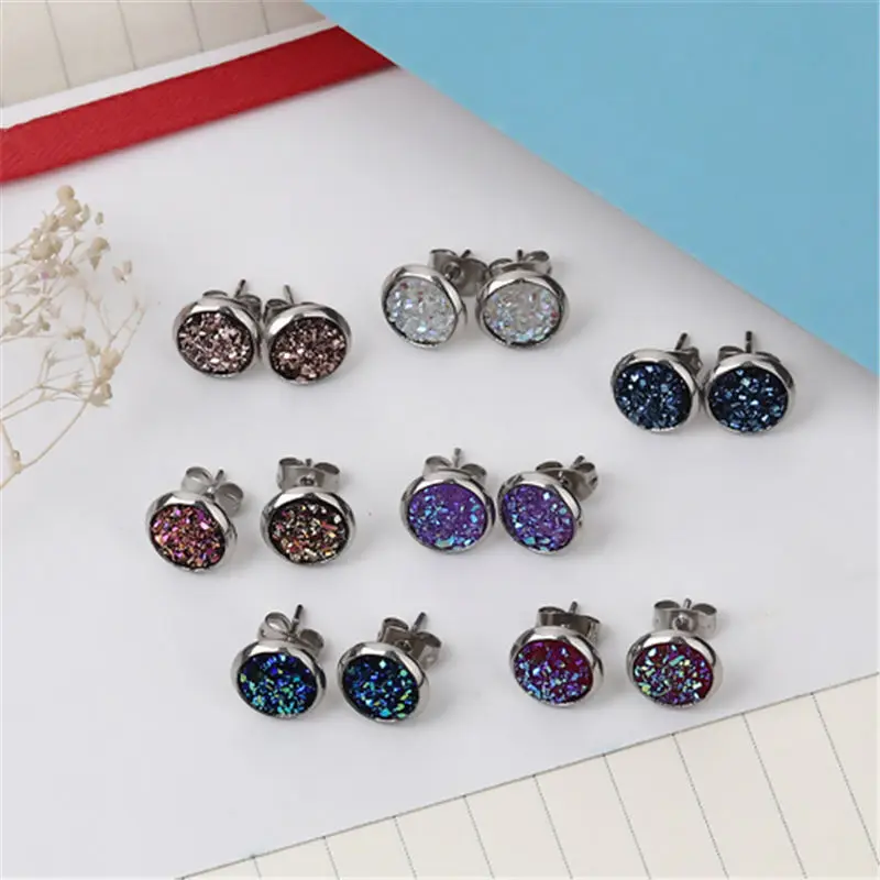 New Fashion Stainless Steel Drusy Ear Post Stud Earrings Colorful Round AB Color 10mm Dia., Post/ Wire Size: 19 gauge, 2 Pairs