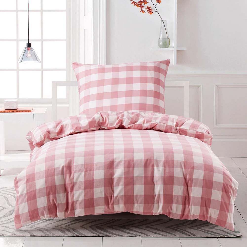 Hengwei Bed Duvet Cover Cotton Pink Plaid Stripe 135*200cm Bed Covers 2Pcs Twin Size Bedding Set For Kids Quilt Cover Pillowcase