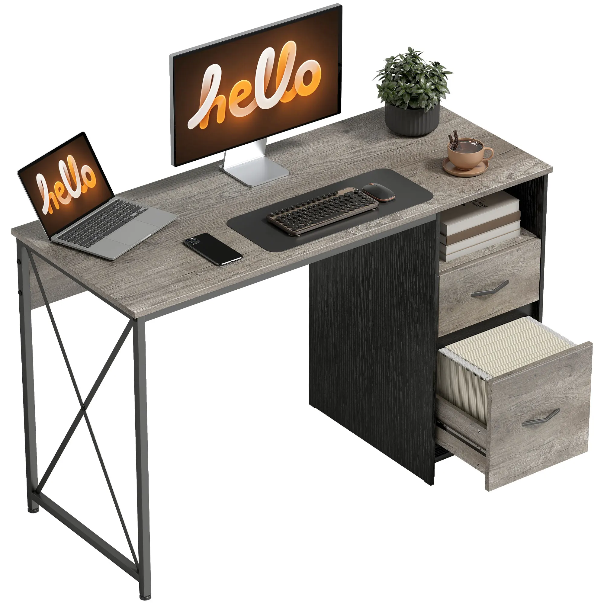HOMCOM Mesa de Ordenador 120x50 cm Escritorio de Ordenador Industrial con Compartimento y 2 Cajones para Oficina Gris Claro