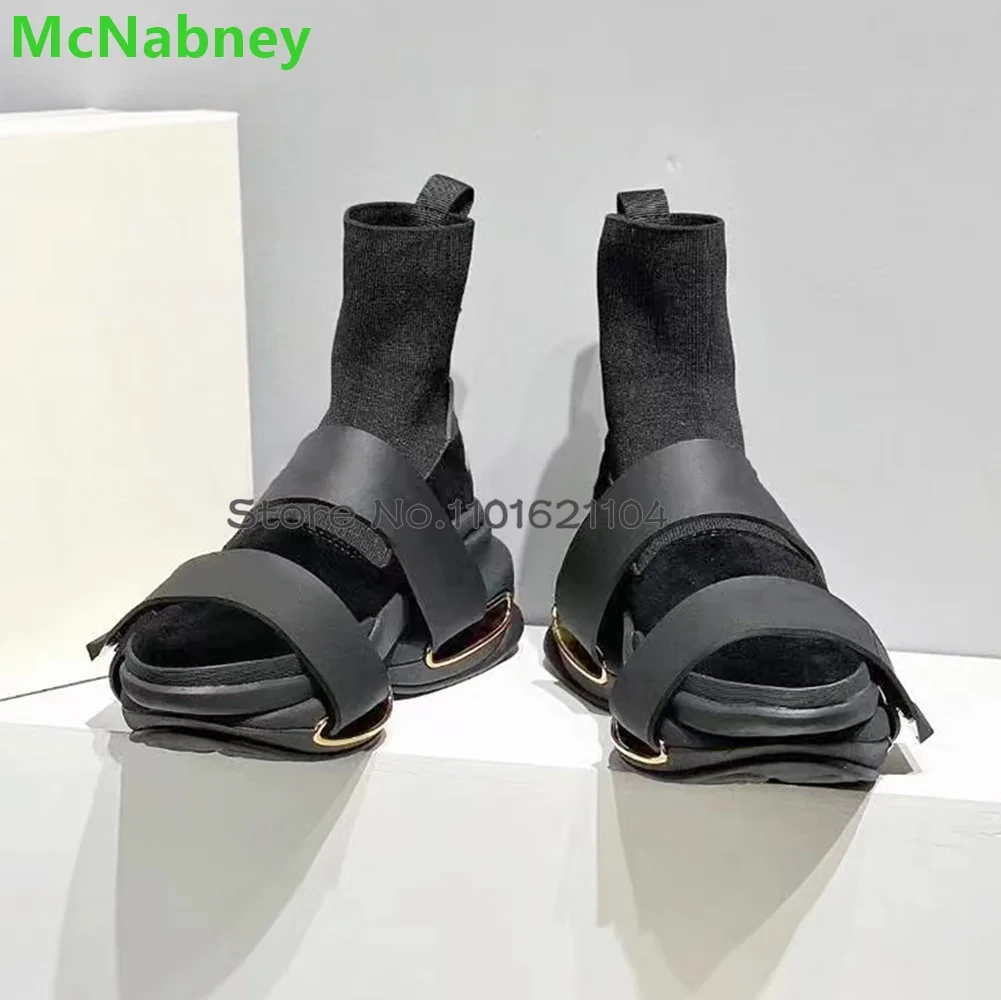 Black Thick Sole Luxury Short Boots For Female Women Round Toe Slip-on Ankle High Elastic Opening Fashion Outside Sport Shoes