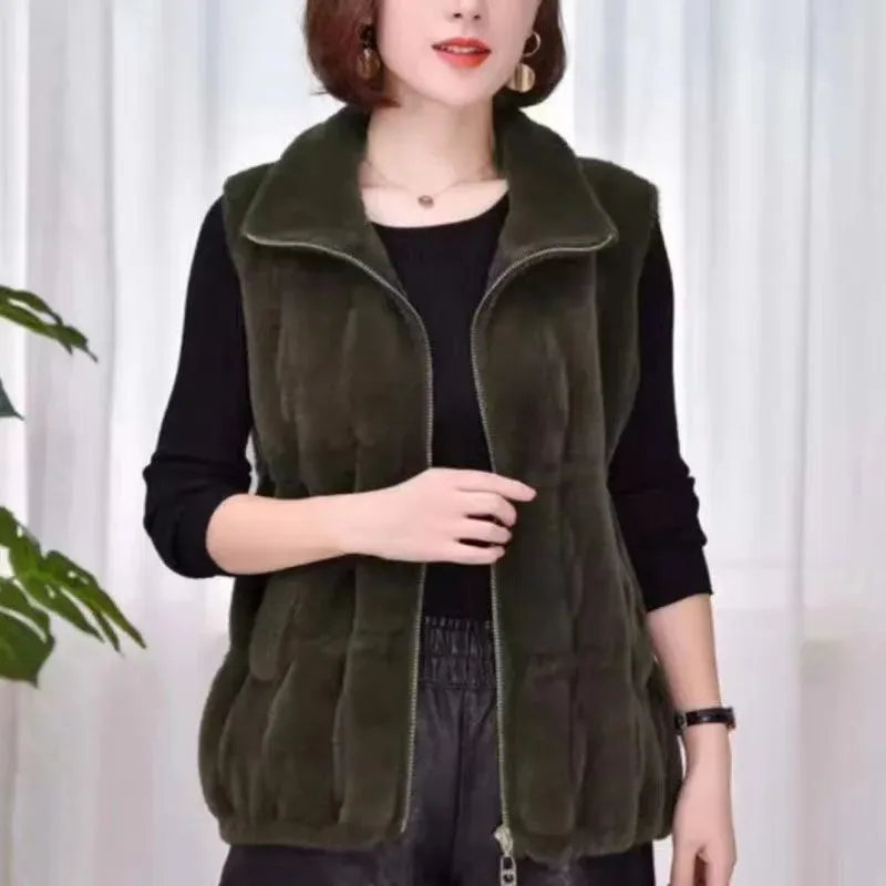 Middle-Aged Elderly Woolen Women\'s Coat Resemble Mink Cashmere Vest Fashion Spring Autumn Waistcoat Grandma\'s Keep Warm Jacket