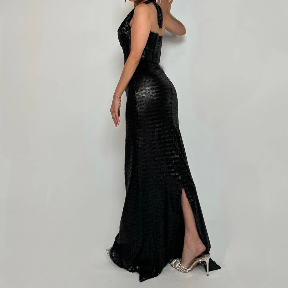 Customized Elegant Straight Floor Length Halter Sequined Sleeveless Pleats Evening Dress Classic Photo Color vestidos para mujer