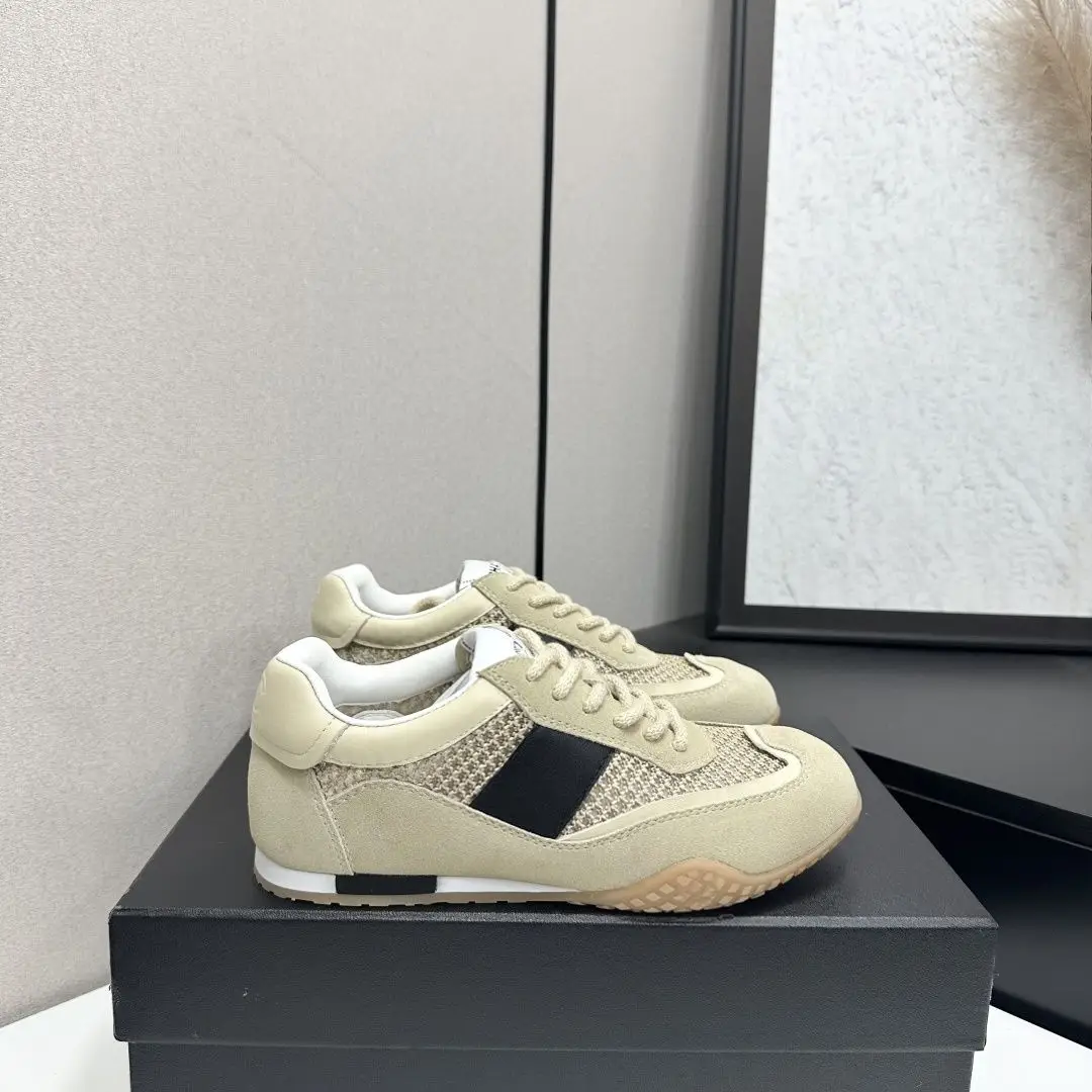 Unisex Beige Mesh Suede Patchwork Sneakers Lace Up Low Top Casual Sports Shoes