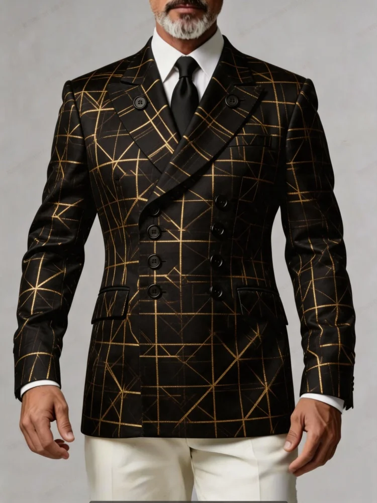 Mens Slim Fit Black Gold Geometric Jacquard Double Breasted Suit Jacket Luxury Banquet Blazer