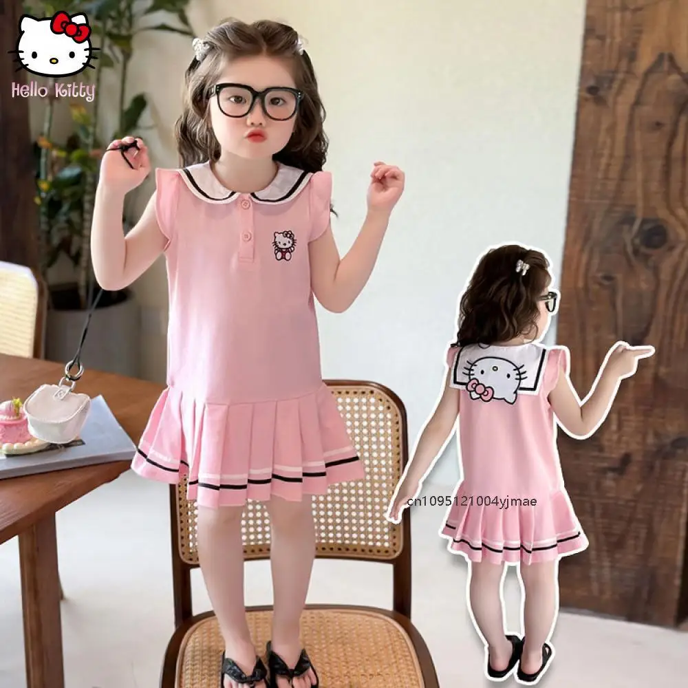 

Sanrio Hello Kitty модные платья без рукавов для девочек с героями мультфильмов, летнее платье принцессы с кукольным воротником и принтом, детская одежда, плиссированная юбка