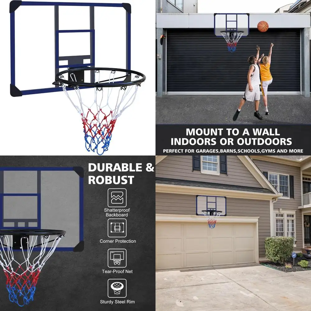 

all-weather durable wall-mounted basketball rack with folding basket and shatterproof 35x24 inch backplate