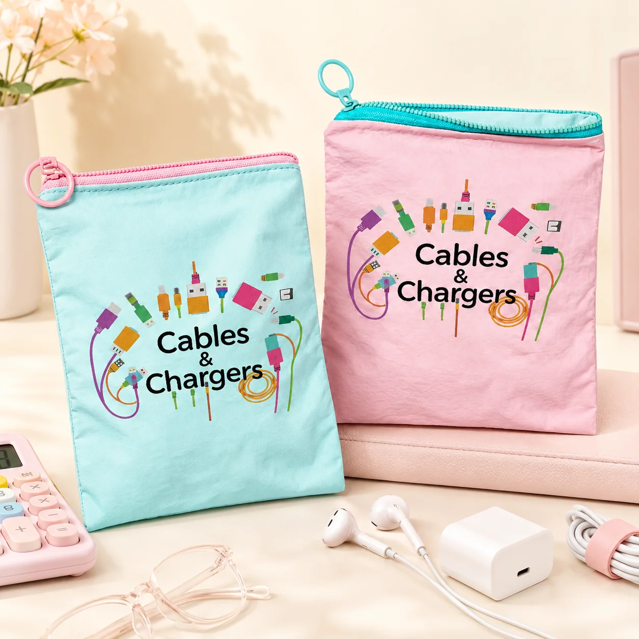 Tech Accessories For Travel - Kabel-Organizer-Tasche in Pastelltönen, Weiche Elektronik-Tasche, Reise-Ladegerät-Kabel-Etui,