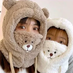 Cartoon Bear Ear Lamb Beanie Hat With Mask Warm Balaclava Winter Thickened Ear Protection Autumn Skullies Beanies for Women Girl