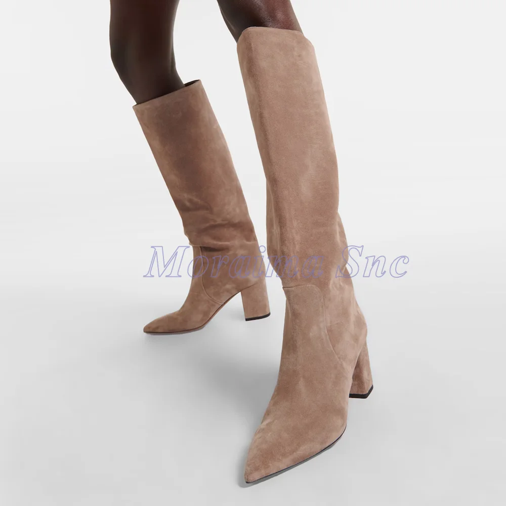 

Pointed Toe Suede Leather Knee High Boots Slip On Block Chunky Heel Apricot Solid Fashion Women Long Modern Boots Autumn Winter