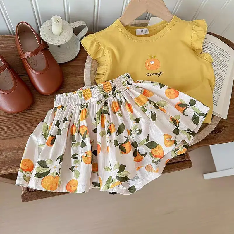 2024 Summer New Girls Pullovers Crew Neck Cartoon Spliced Flying Sleeve T-shirt Fashion Playful Loose Elastic Floral Shorts Sets