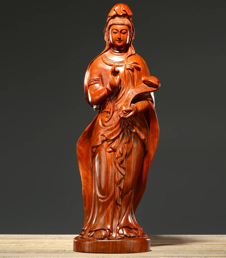 58CM grande enorme bendición efectiva suerte segura RUYI diosa Guanyin Bodhisattva Buda hecho a mano estatua tallada en madera de pera amarilla