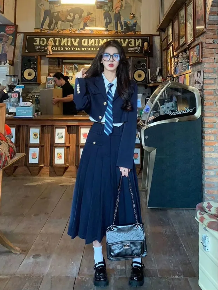 Insozkdg Uniform Blazer Sets Women Spring Autumn New Korean Academy Style Pleated Skirt School Uniform Blazer Three-Piece Set