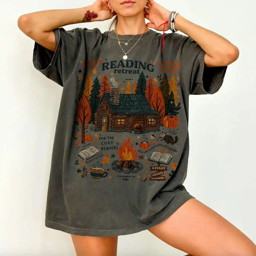 

Women Cozy Cabin Reading Retreat Comfort Unisex Top Book Lover Vintage Dark AcademiaAutumn Cozy Readers Sublimation Streetwear
