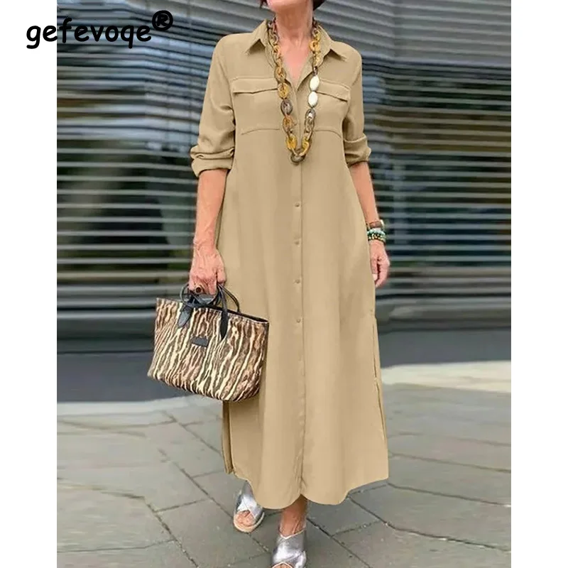 

Autumn Female Clothing New Elegant Long Sleeve Button Turn-down Collar Solid Color Pockets Mid Waist Open Stitch Long Dresses