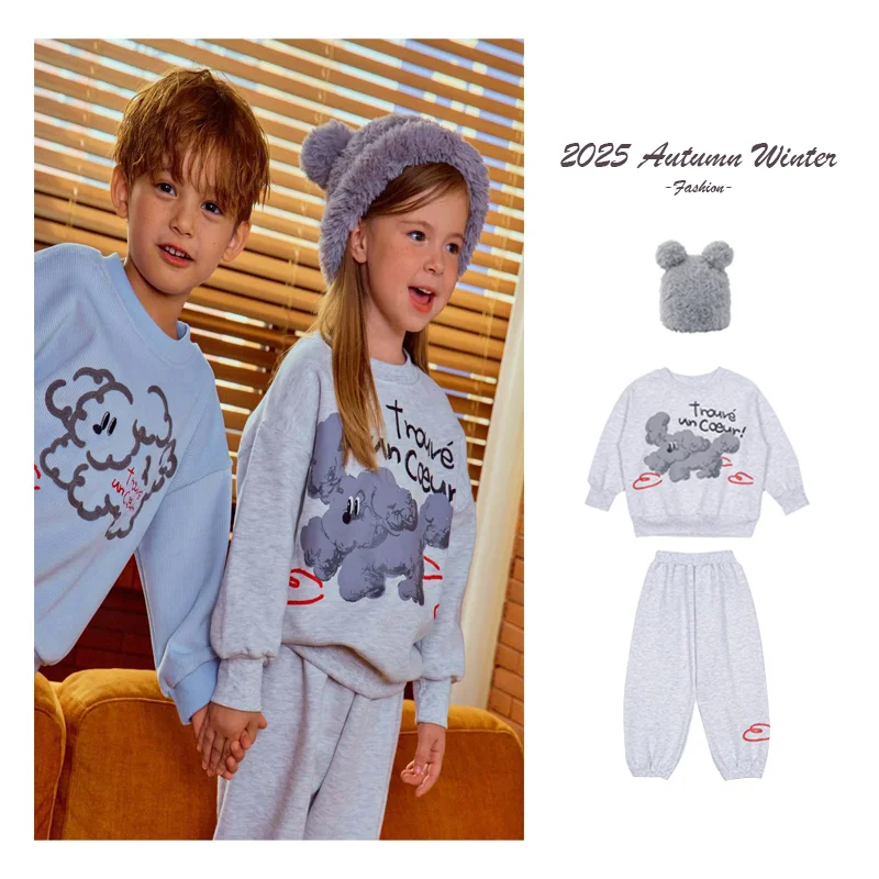 الأولاد الصوف رياضية 2025 الخريف الشتاء الاطفال 3 قطعة مجموعة لطيف الكلب طباعة مقنعين البلوز السراويل لينة أفخم متماسكة قبعة عداء ببطء