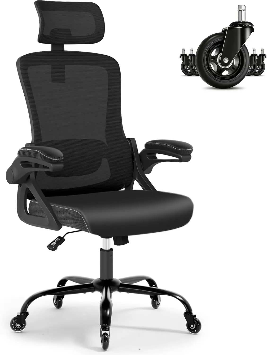 Ergonomic Office Chair with Adjustable Headrest and Lumbar Support, 400 lbs Capacity, Flip-up Armrests, Black Leather