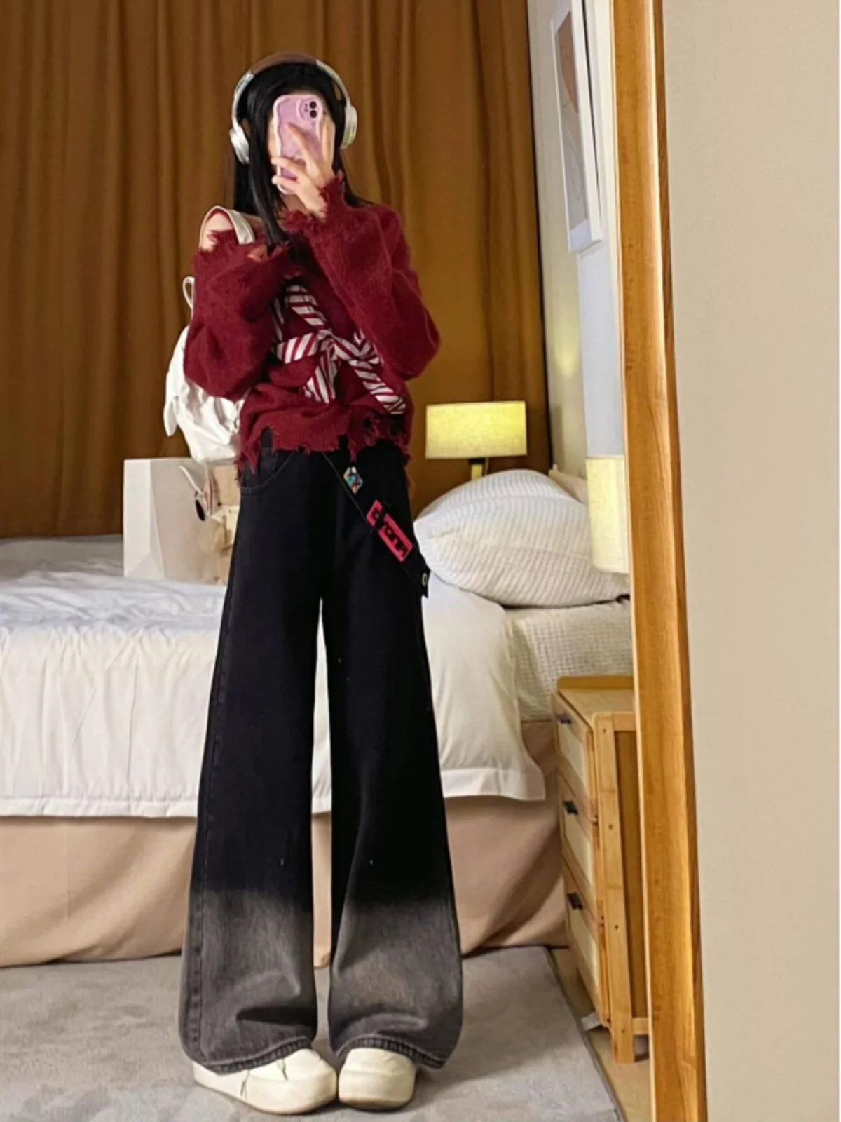 High Waist Wide Leg Jeans Women's Casual Sle adient Color High Waist Zipper Design Spring Faion plus Size Loose Fit Pants