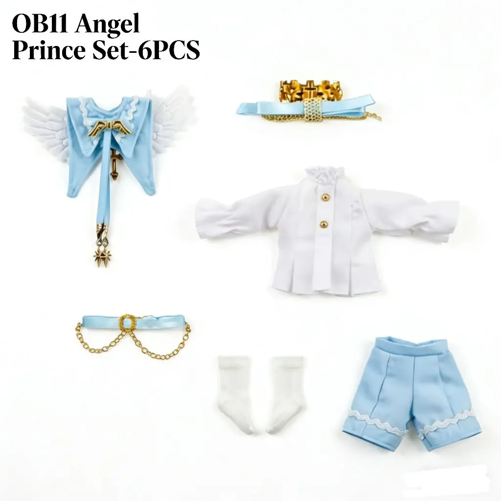 

Комплект одежды OB11 Angel Prince для кукол BJD 1/12, белая рубашка с синей шалью и короткими рукавами, шорты и аксессуары с короной (кукла в комплект не входит)