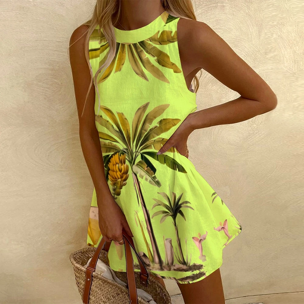 Trend Fluorescent Green Hot Dress Women's Casual Vacation Sleeveless A-Shaped Dress Hawaiian Coconut Print Crew Neck Party Dress