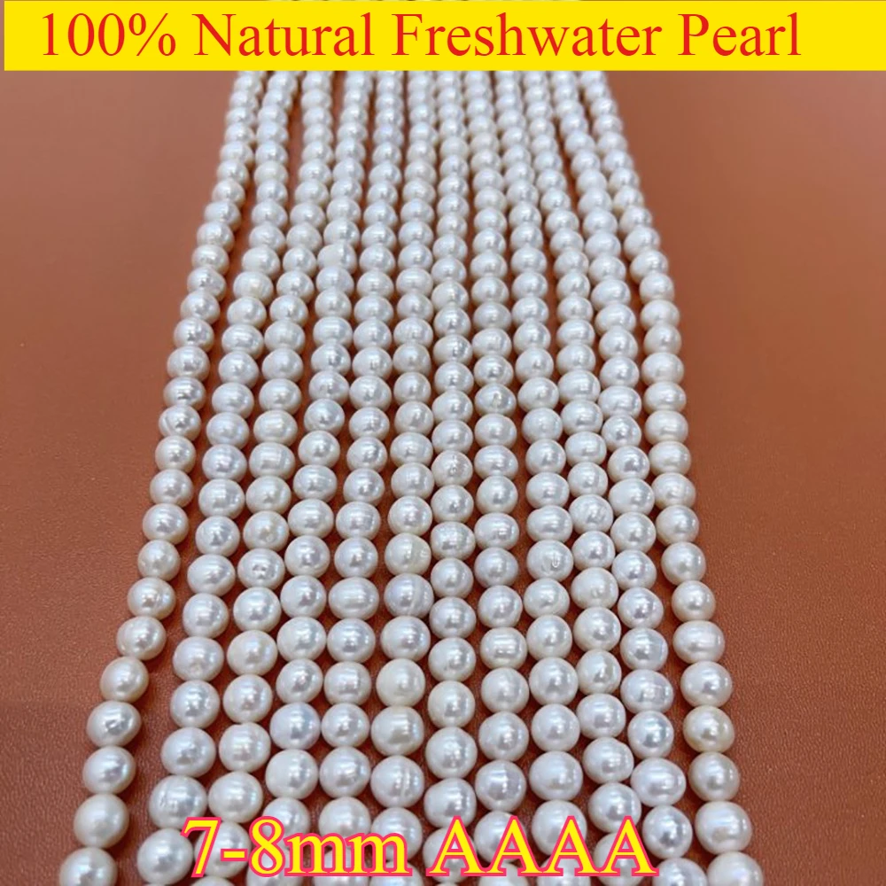 7-8mmAAAA جديد جودة عالية حريري السلس الطبيعي الأبيض لؤلؤ المياه العذبة جولة الخرزة مجوهرات جعل عقد دي اي واي سوار إكسسوارات #3