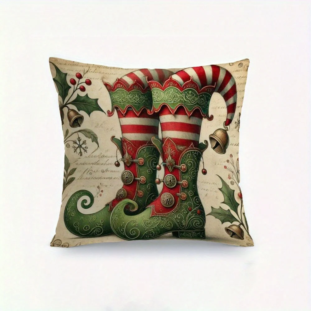 1pc Festive Christmas Boot Design Throw Pillow Cover 18x18inch, Double-Sided Short Plush Polyester with Zipper Closure