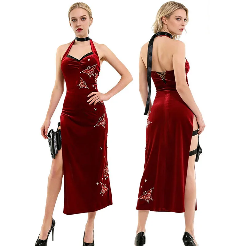 

Movie Ada Wong Cos Heroine Secret Service Spy Dress Uniform Game Resident Halloween Women Red Dress Outfits Cosplay Costume