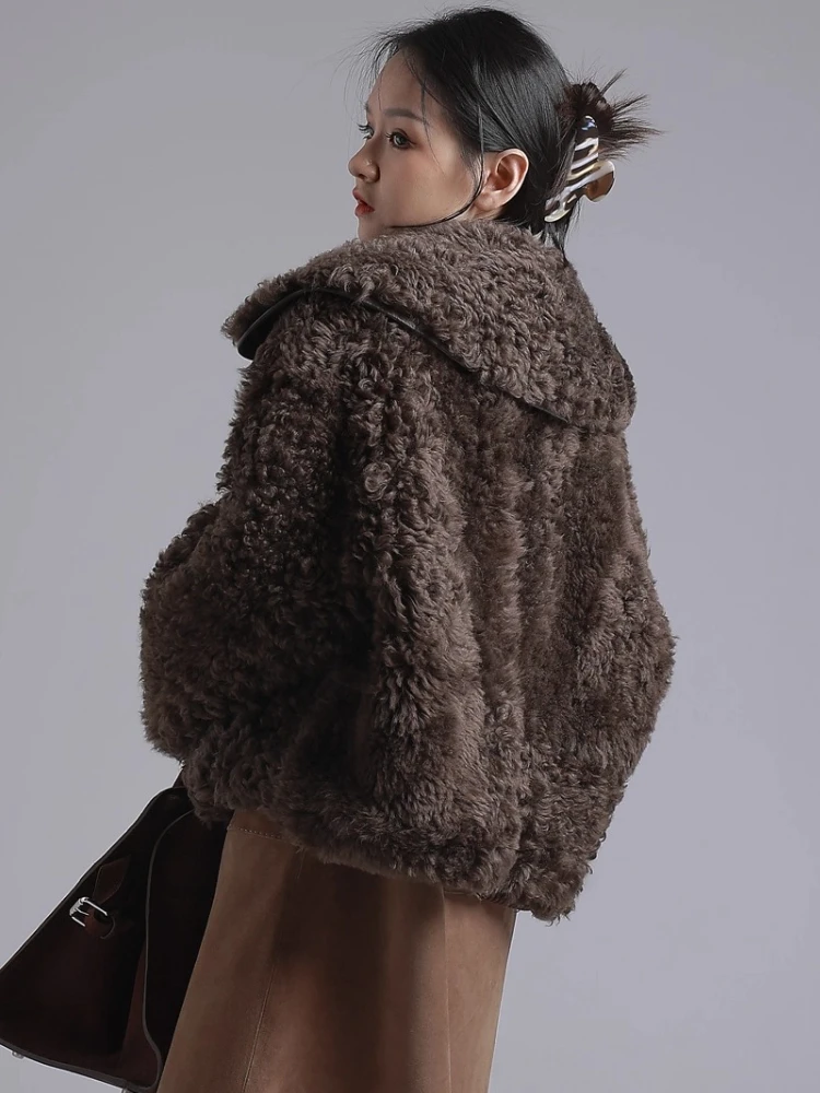 여성용 고급 토스카나 양털 시어링 재킷, 심플 네이비 넥 디자인 숏 겨울 천연 가죽 리얼 퍼 코트