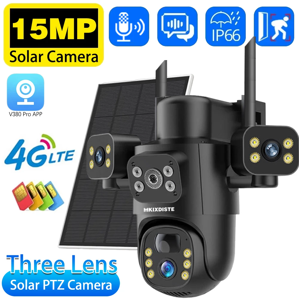 

15MP 4G IP Solar Camera 10x Zoom Triple Lens Outdoor PTZ Security Camera PIR Detection Smart Security Protection CCTV V380 PRO