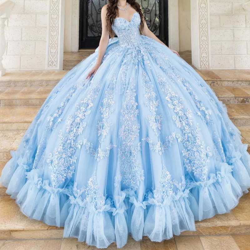 

Sky Blue Ball Gown Quinceanera Dresses for Girls Lace Up Off the Shoulder Applique Lace Beads Bow Tiered Tull Corset Vestidos De