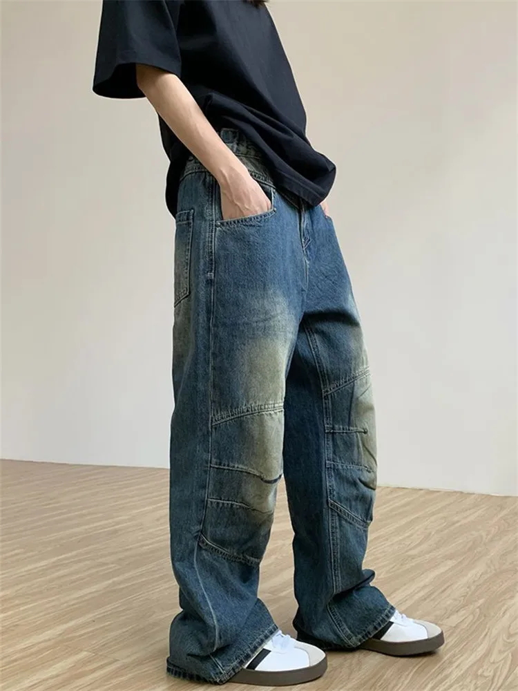 

Vintage Blue Jeans for Men Y2K Make Old Wash Straight-leg Pants with Button Pockets Trousers Loose A154