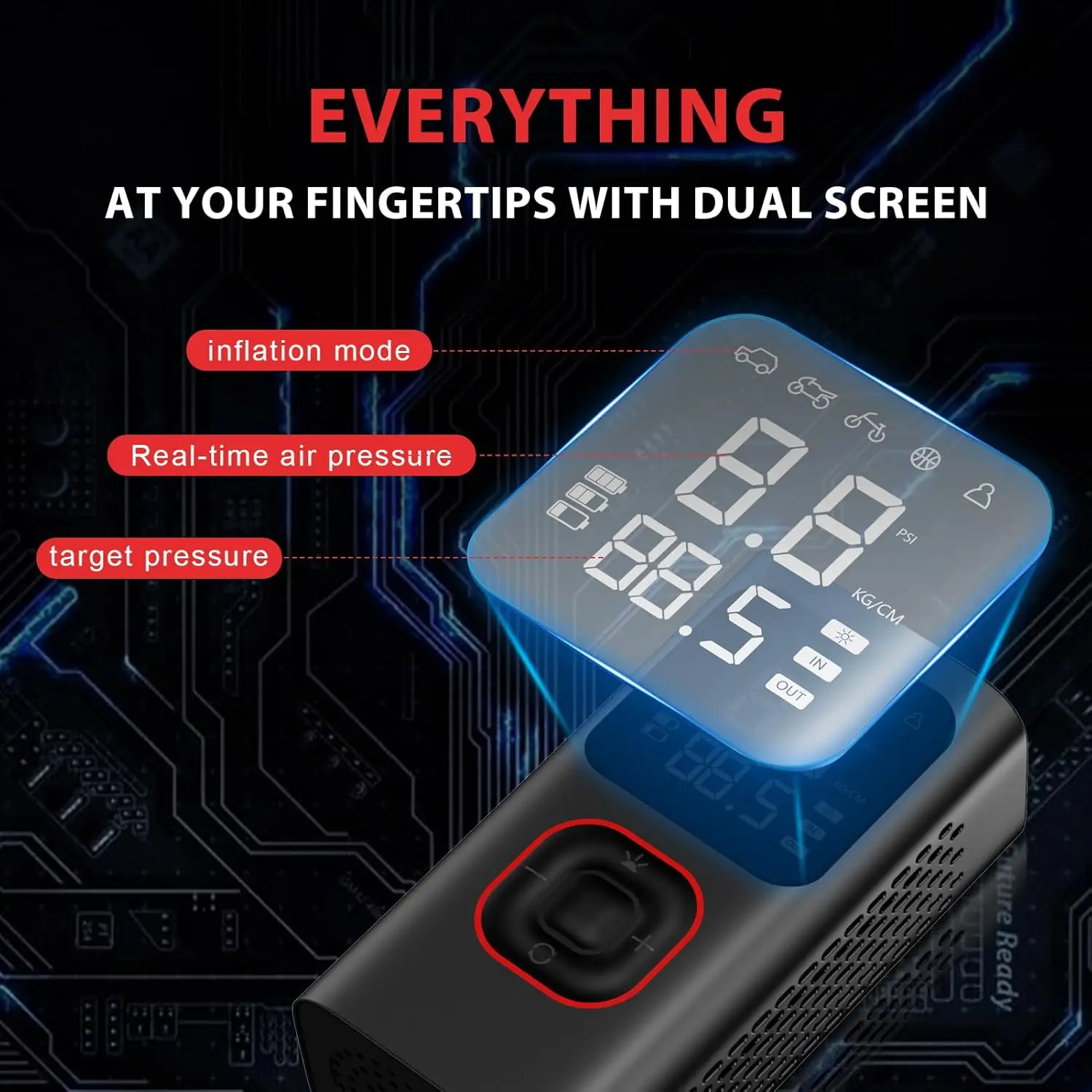 منفاخ إطارات محمول 150 رطل لكل بوصة مربعة مضخة هواء لاسلكية مع إيقاف تلقائي، شاشة LCD مزدوجة، مقياس ضغط للسيارات والدراجات النارية والدراجات #5