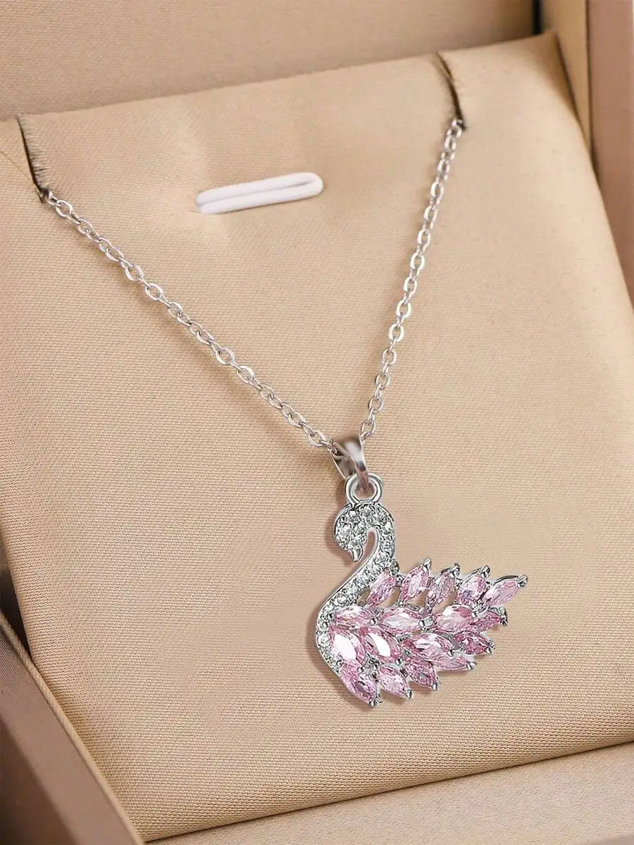 

Elegant Pink Cubic Zirconia Swan Pendant Womens Clavicle Necklace