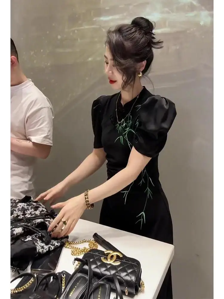 

Elegant Black Improved Dress Women's Fashion Summer New Style Thinming National Trend Commute Style Short Sleeve