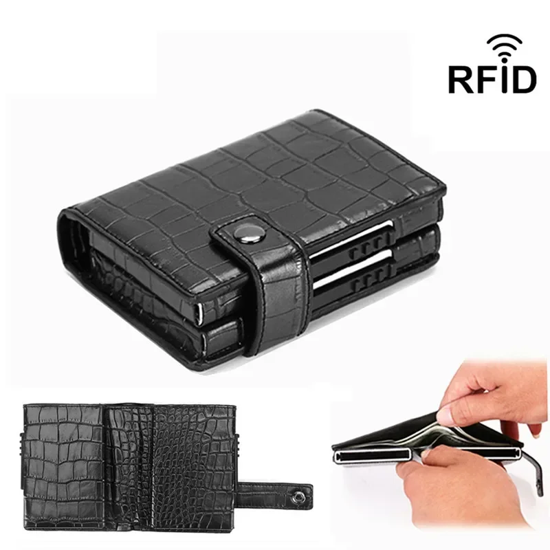 

2024 PU Leather Double Metal ID Credit Card Holder with RFID Vintage Card Case Automatic Money Cash Clip Mini Wallet Tarjetero