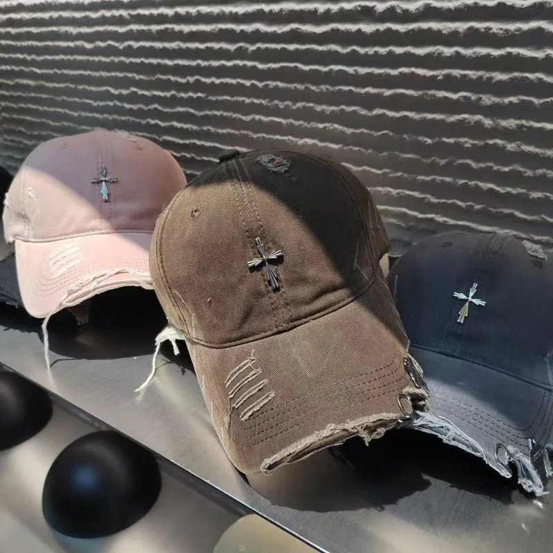 Cross Pattern Baseball Cap Vintage Casual Versatile Duckbill Cap for Outdoor Women Men Break Hole Washed Baseball Cap Sun Hat