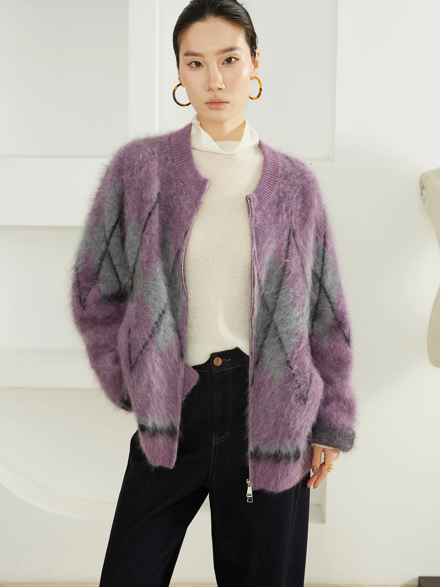 

Luxury Camere Open Cardigan Knitted Soft round Ne Sweater Diamond Pattern Loose Fit Winter Women's Faion Casual Sle