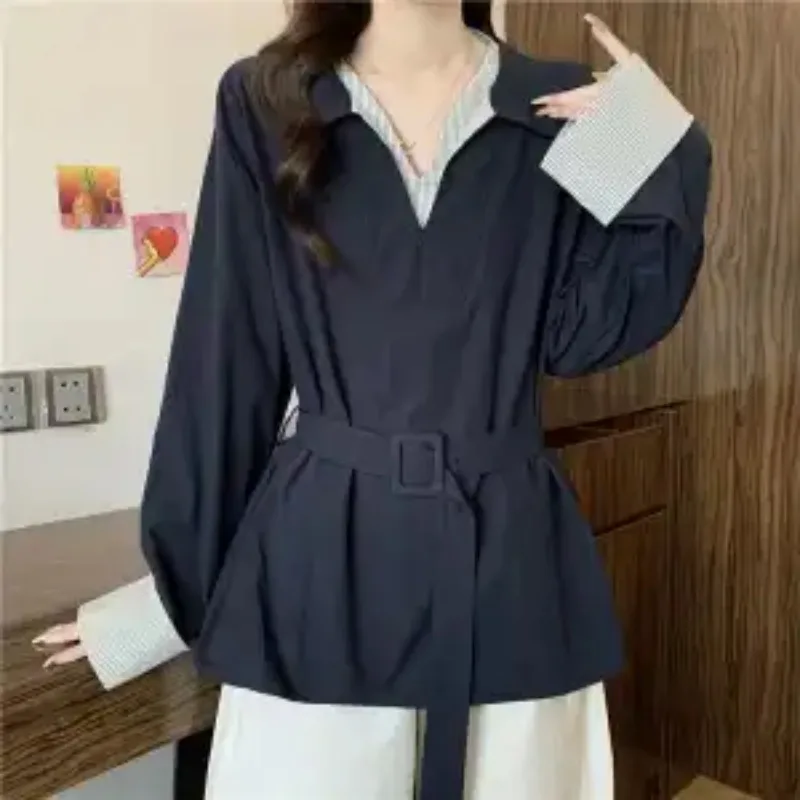 French Chic Contrasting Color Splicing Striped Fake Two-piece Shirt Autumn New Versatile Slimming Temperament POLO Collar