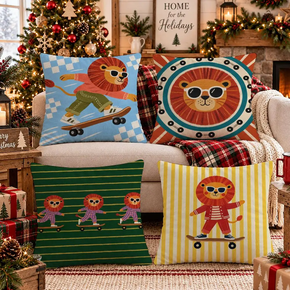 Skateboard Lion Cushion Cover 1/4Pcs Soft Plush Throw Pillow Cover Double-Sided Print Sofa Living Room Decor