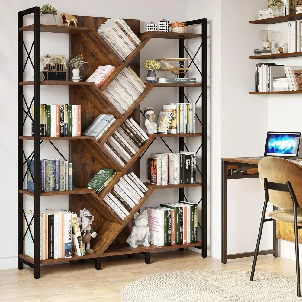 Industriële Boomboekenplank En Grote 5-Tier Boekenkast, 70.8 "H Hoge Staande Boekenplanken Organizer Display Rack