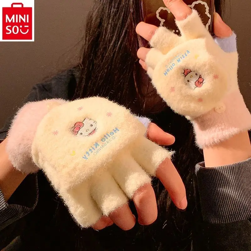 

MINISO Winter Cartoon Hello Kitty Half Finger Flip Plush Gloves for Women Cute Warm Cycling Multifunctional Car Accessories