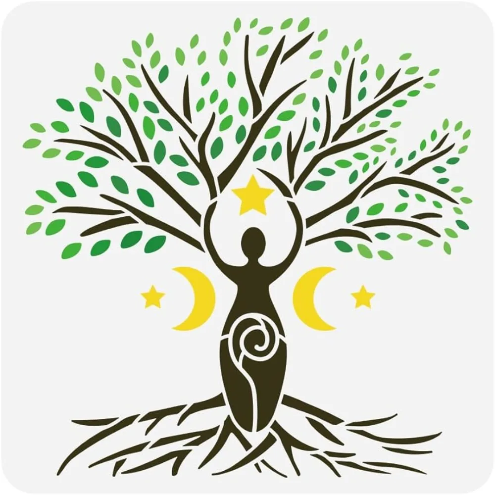 Tree of Life Painting Stencil 11.8x11.8 inch Large Spiral Goddess Drawing Template Plastic Moon Star Tree Leaves Painting