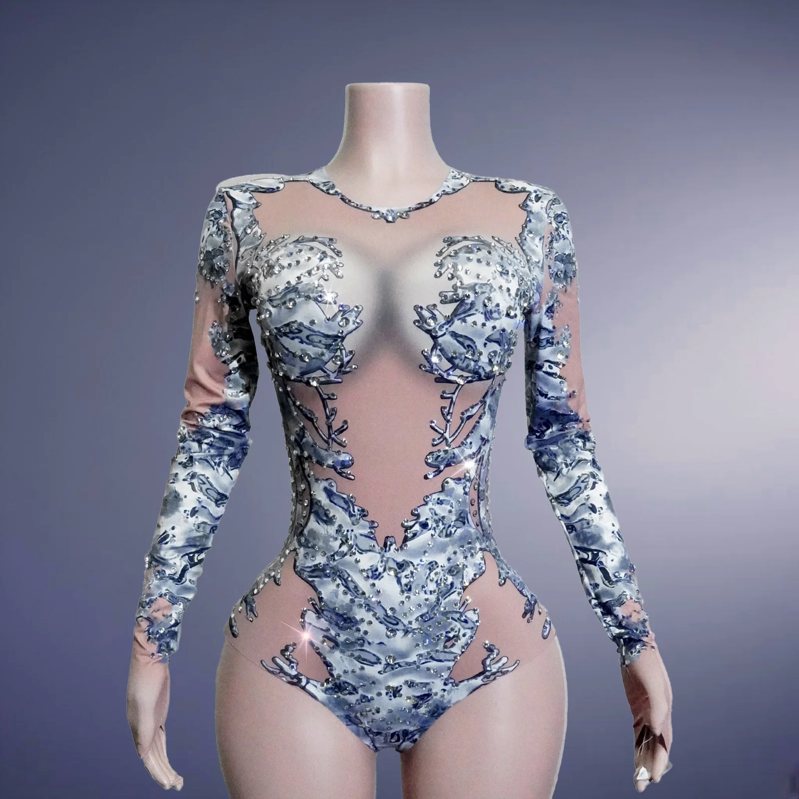 

Women Sexy Long Sleeve Sparkly Rhinestones Bodysuit Dance Costume for Nightclub Stage Performance Photoshoot