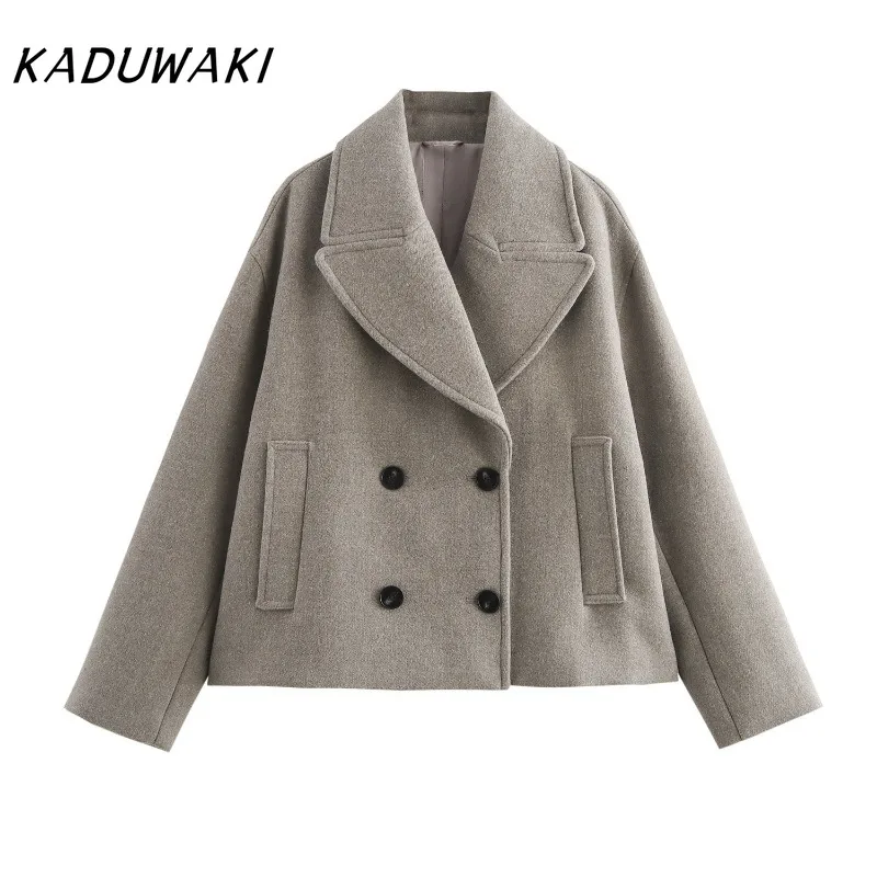 KADUWAKI Fashion Retro Lapel Long-sleeved Short Coats Fall/Winter Loose Double-breasted Wool Button Pocket Blends Польто Женское