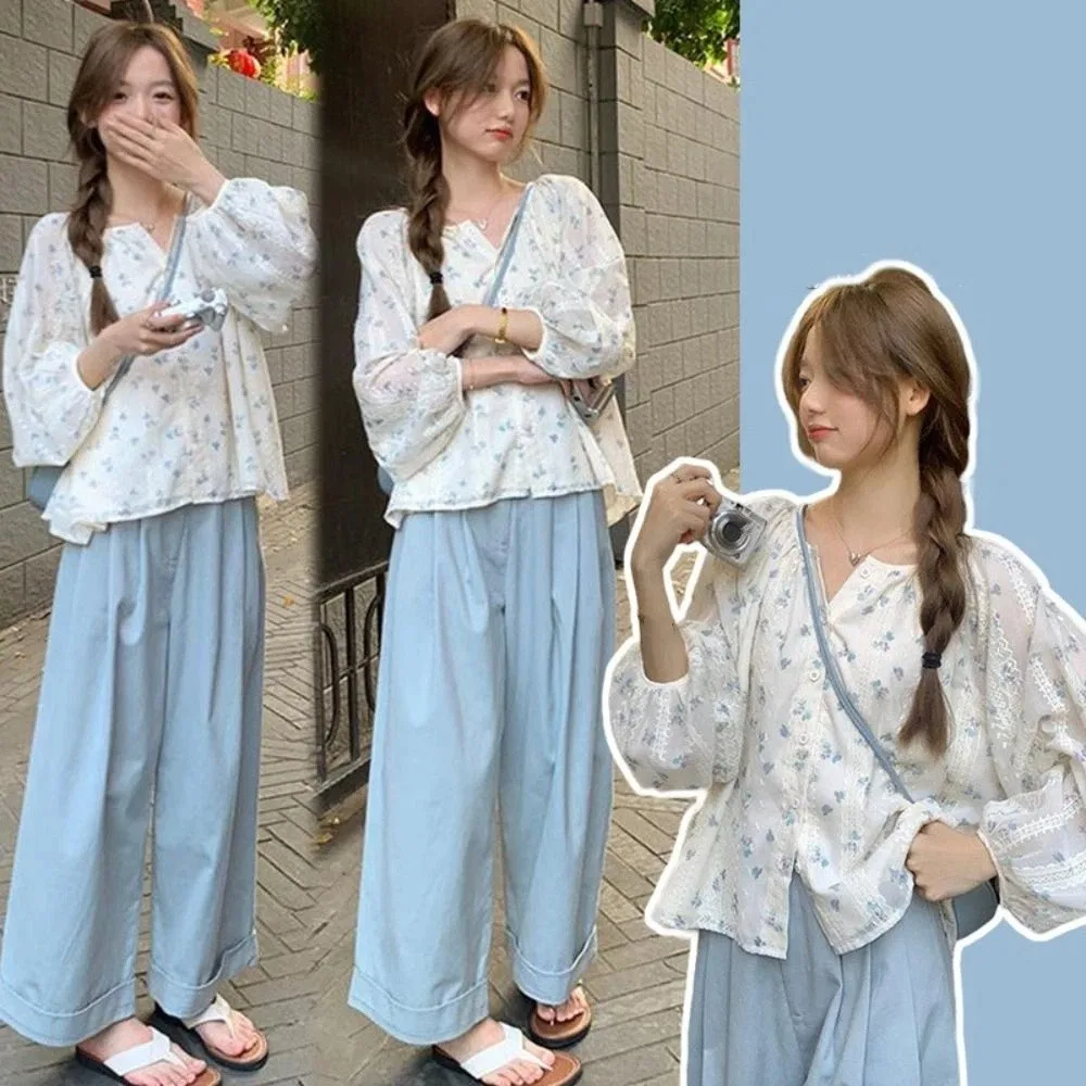 

Fashion Pleated Long Sleeve Blouse Sweet Ins Flower Shirt Top Casual Spring Autumn Lace Floral Blouse Streetwear