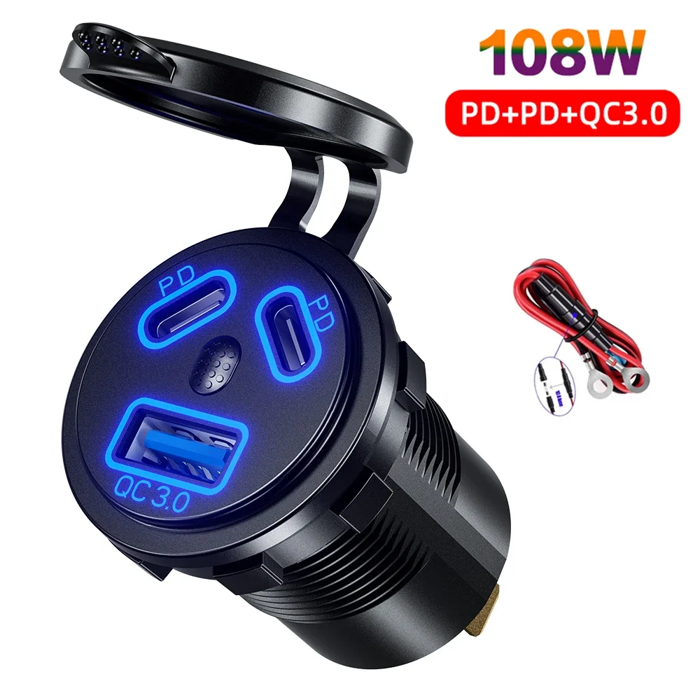 12V/24V USB Outlet 108W 3 Ports Car Charger Socket Dual 45W PD Type C & 18W QC 3.0 Motorcycle Socket Power Outlet Charge Adapter