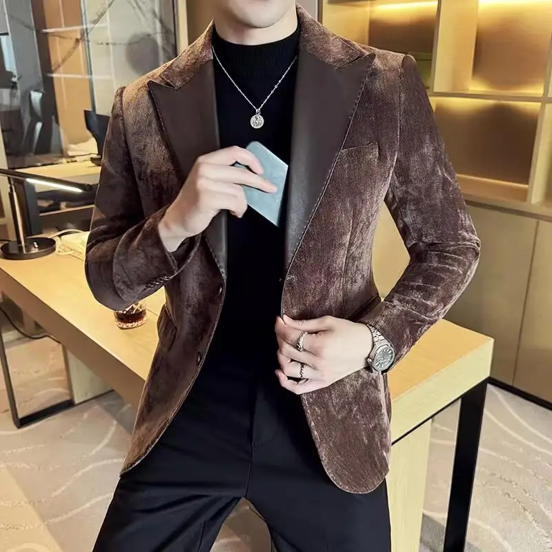 Lederen Splicing Chenille Pak Jassen 2023 Herfst Winter Nieuwe Mannen Business Casual Slim Fit Jassen Formele Bruiloft Slipjas