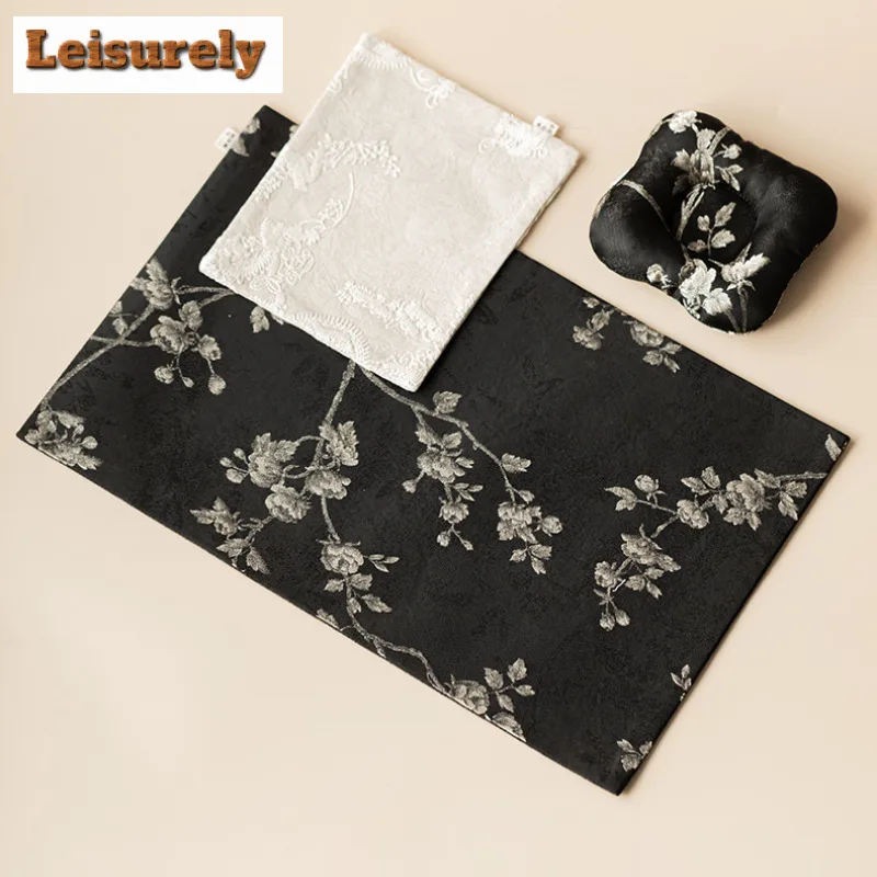 3pc/set Plum Blossom Embroidery Brocade Tea Table Mats Vintage Drink Coaster Dinner Table Cloth Mat Tea Items Supplies Craft