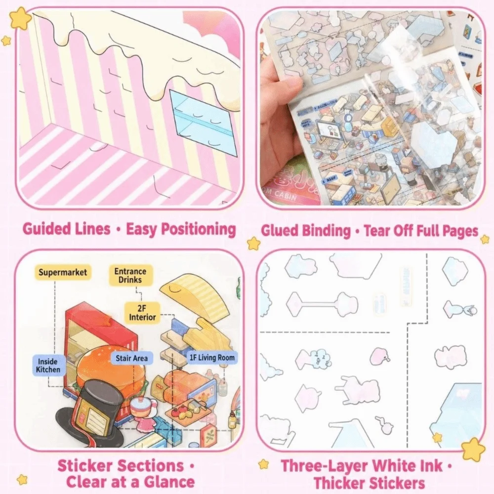 Cartoon 3D Miniature Scene Stickers Stress‑relief 20 Scenes Landscape Sticker Book Collage DIY Cabin Scene Sticker Children Gift
