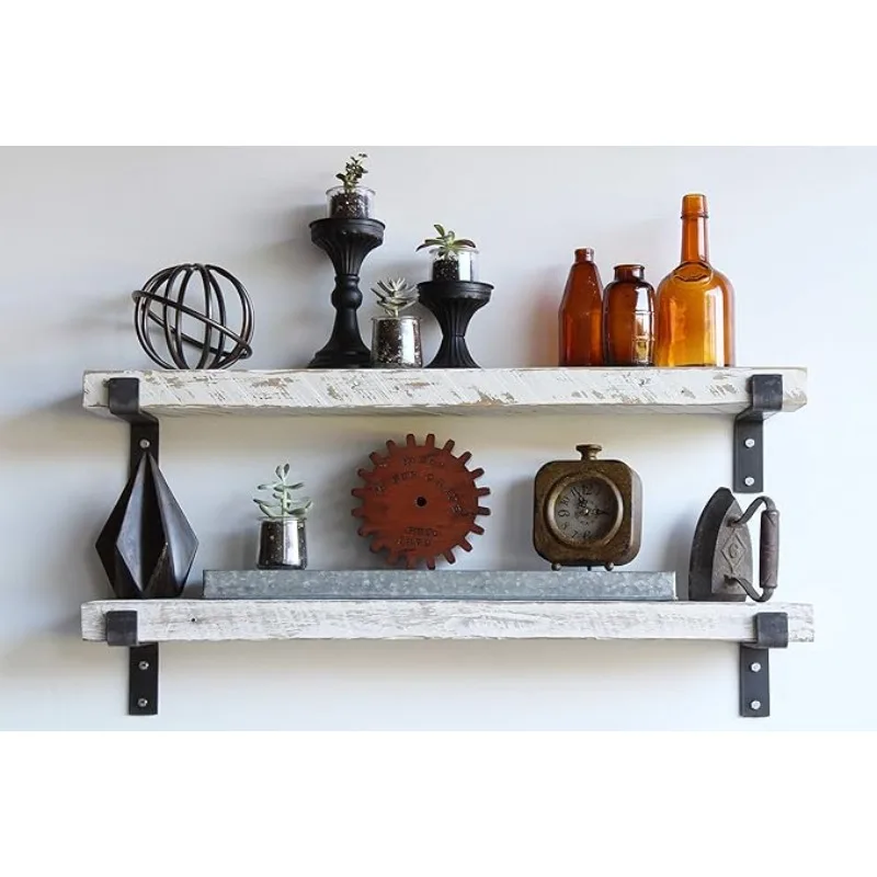 Accent Shelves | Reclaimed Barn Plank | Set of 2 with Full Brackets (White Wash 40