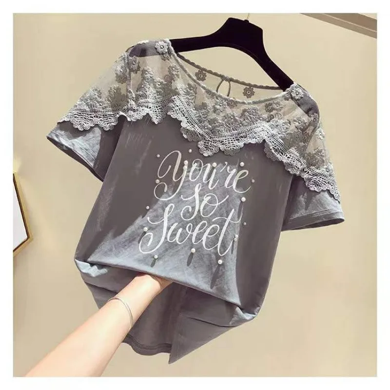 T Shirt for Women Baggy Short Sleeve Summer Outfit Graphic Tops Woman Mesh Lace Basic Youthful Clothes Clothing Pulovers Kpop